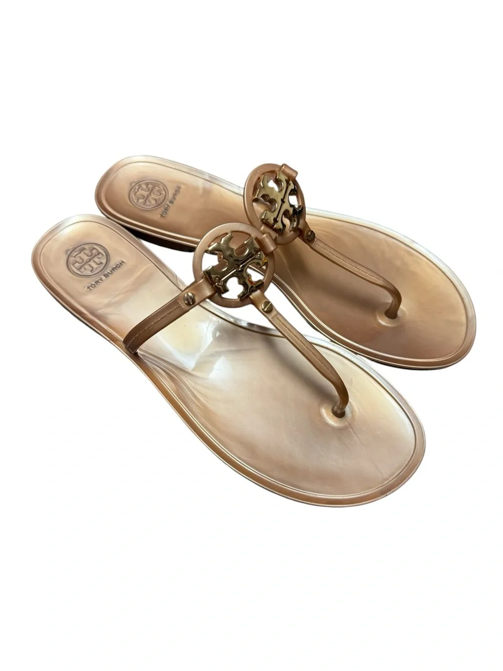 Tory Burch TB Mini Miller Metallic Logo Jelly Thong Slip On Sandals Rose Gold 10